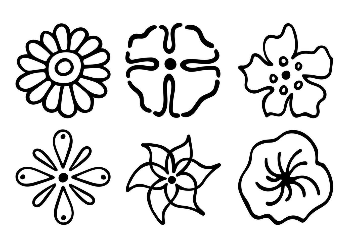 esboço doodle flores de contorno. desenho desenhado à mão de botões de plantas durante a floração. silhuetas de pétalas. vetor isolado.