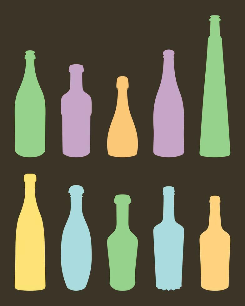 vetor conjunto do colori forma do silhuetas do vidro garrafas para álcool, vinho, uísque, vodka, conhaque, conhaque, cerveja, kvass, champanhe, licor