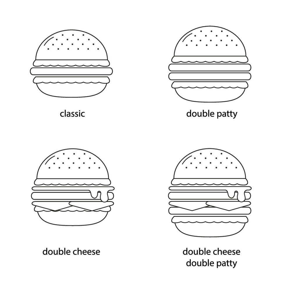 conjunto do 4 hambúrgueres rede ícones dentro linha estilo. clássico Duplo patty Duplo queijo hamburguer torre, hamburguer coleção. vetor ilustração.