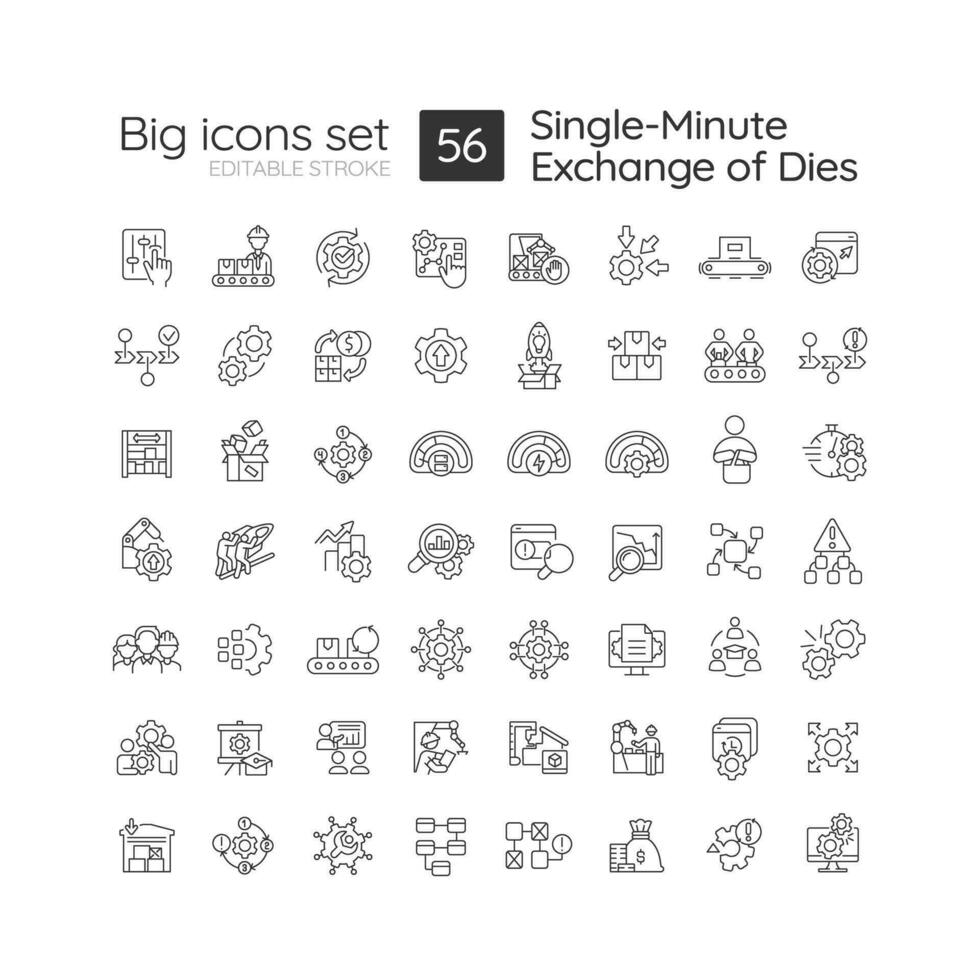 solteiro minuto troca do morre linear ícones definir. smed metodologia. magro Produção. produtividade melhoria. Customizável fino linha símbolos. isolado vetor esboço ilustrações. editável acidente vascular encefálico