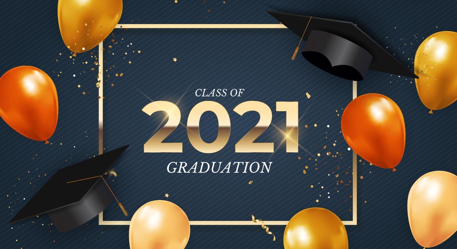 turma de formatura de 2021 com chapéu de formatura, confete e fita dourada vetor
