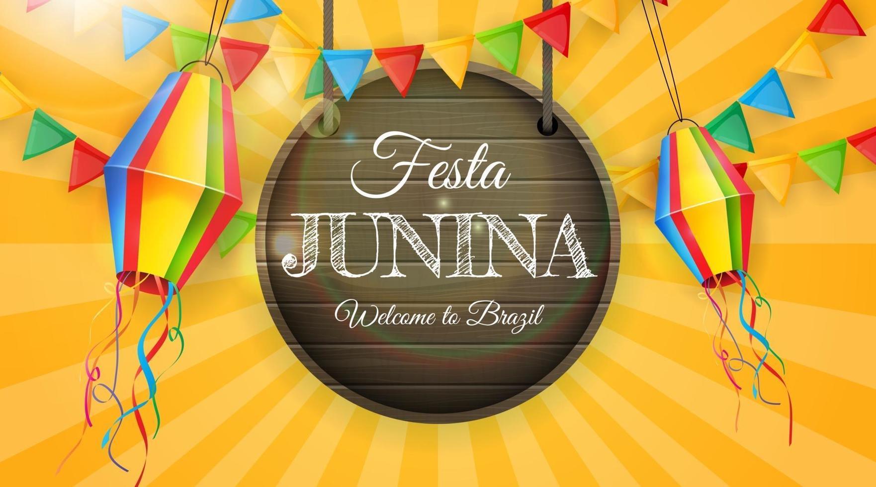 fundo de festa junina com bandeiras e lanternas de festa. fundo festival de junho do brasil para cartão comemorativo vetor