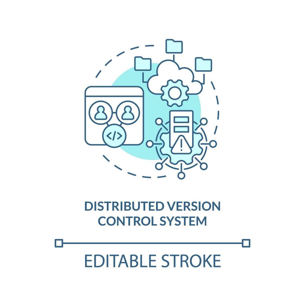 distribuído versão ao controle sistema turquesa conceito ícone. código alterar gestão abstrato idéia fino linha ilustração. isolado esboço desenho. editável acidente vascular encefálico vetor