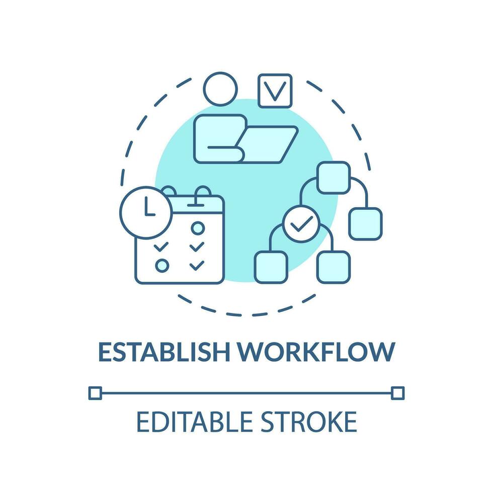 estabelecer fluxo de trabalho turquesa conceito ícone. papéis e responsabilidades. otimização processo. projeto gestão abstrato idéia fino linha ilustração. isolado esboço desenho. editável acidente vascular encefálico vetor