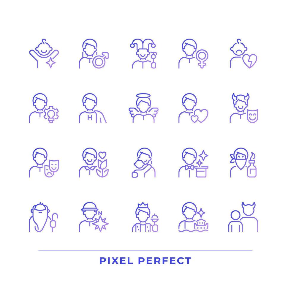 personagem arquétipos pixel perfeito gradiente linear vetor ícones definir. pessoal características e características. fino linha contorno símbolo desenhos pacote. isolado esboço ilustrações coleção