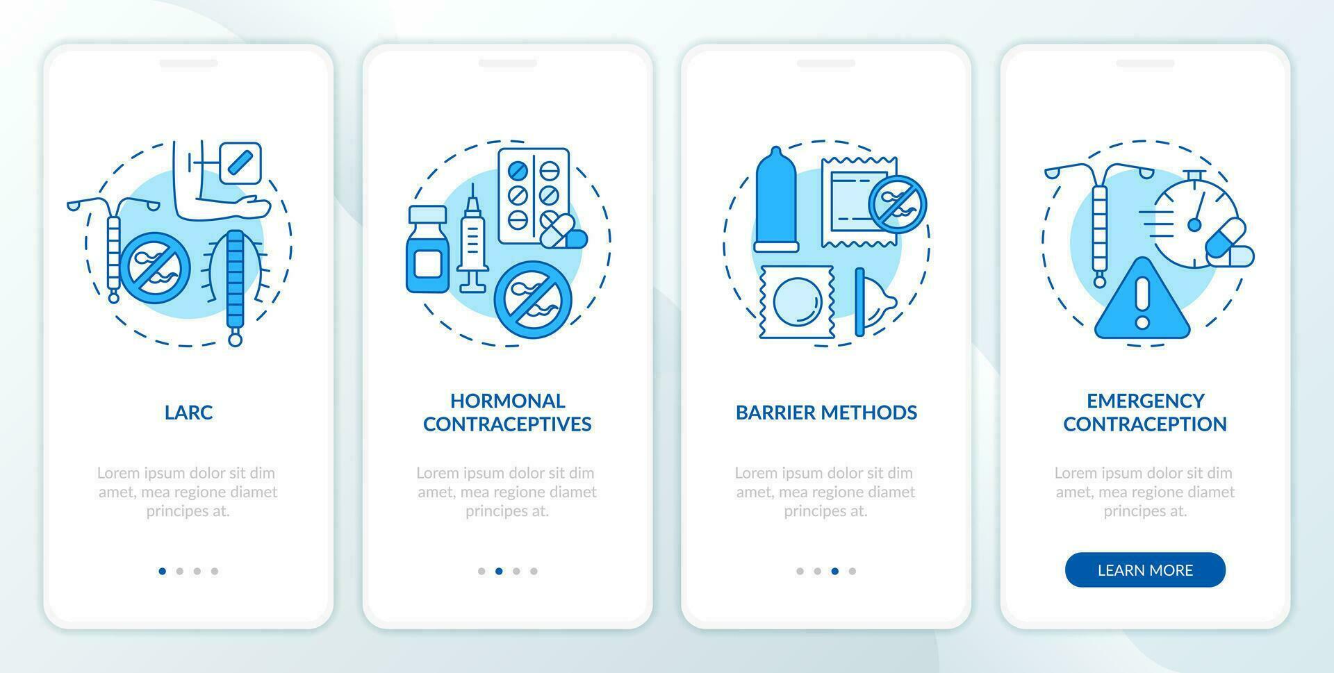 contracepção métodos azul onboarding Móvel aplicativo tela. família planejamento passo a passo 4 passos editável gráfico instruções com linear conceitos. interface do usuário, ux modelo vetor