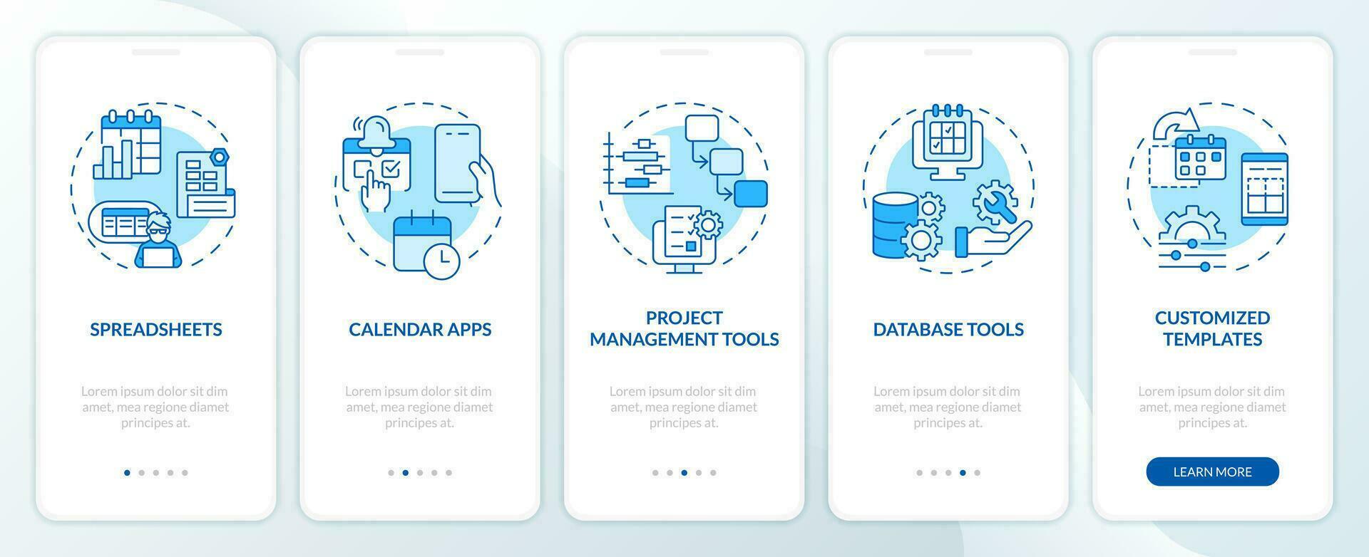 editorial calendário Ferramentas azul onboarding Móvel aplicativo tela. publicar conectados passo a passo 5 passos editável gráfico instruções com linear conceitos. interface do usuário, ux modelo vetor