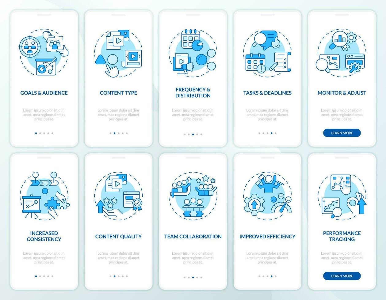 editorial calendário azul onboarding Móvel aplicativo tela definir. social meios de comunicação passo a passo 5 passos editável gráfico instruções com linear conceitos. interface do usuário, ux, gui modelo vetor