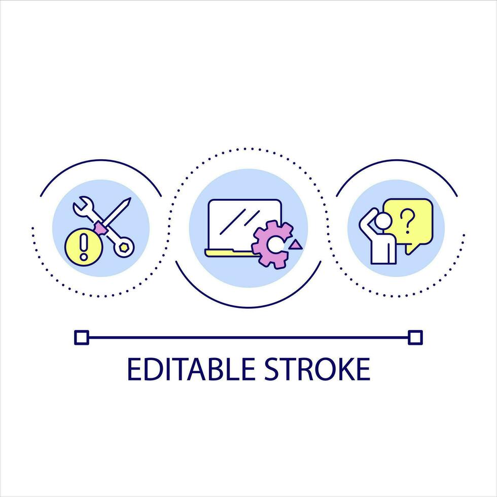 computador questão ciclo conceito ícone. Programas problema. necessidades reparar. computador portátil manutenção. Verifica erro abstrato idéia fino linha ilustração. isolado esboço desenho. editável acidente vascular encefálico vetor