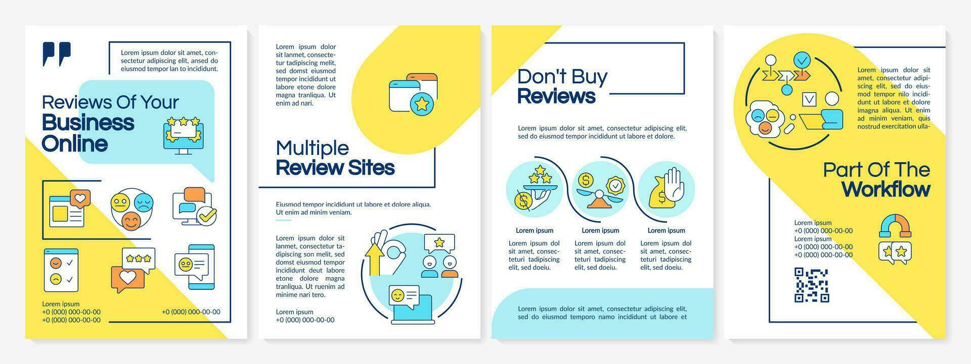 conectados avaliações em produtos, serviço azul e amarelo folheto modelo. folheto Projeto com linear ícones. editável 4 vetor layouts para apresentação, anual relatórios