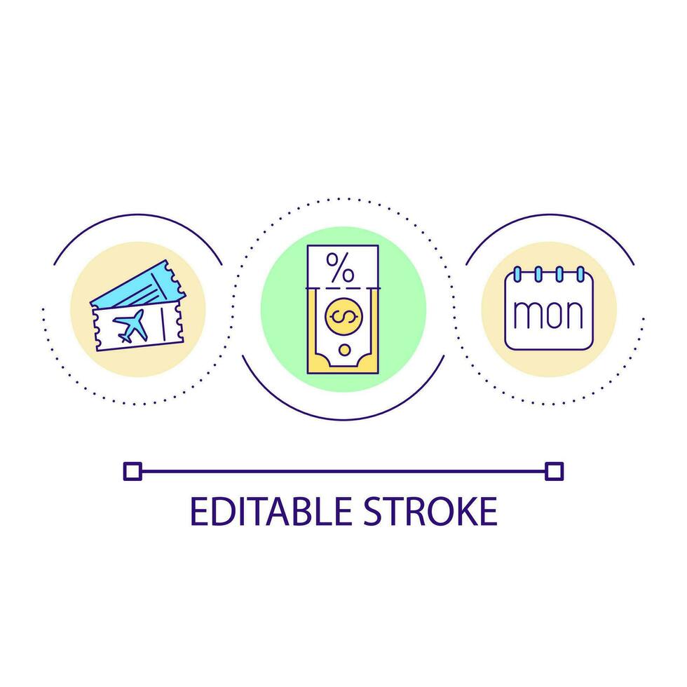barato voar Tempo ciclo conceito ícone. fora do pico viagem dias. Salve  dinheiro em reserva bilhete adiante abstrato idéia fino linha ilustração. isolado esboço desenho. editável acidente vascular encefálico vetor