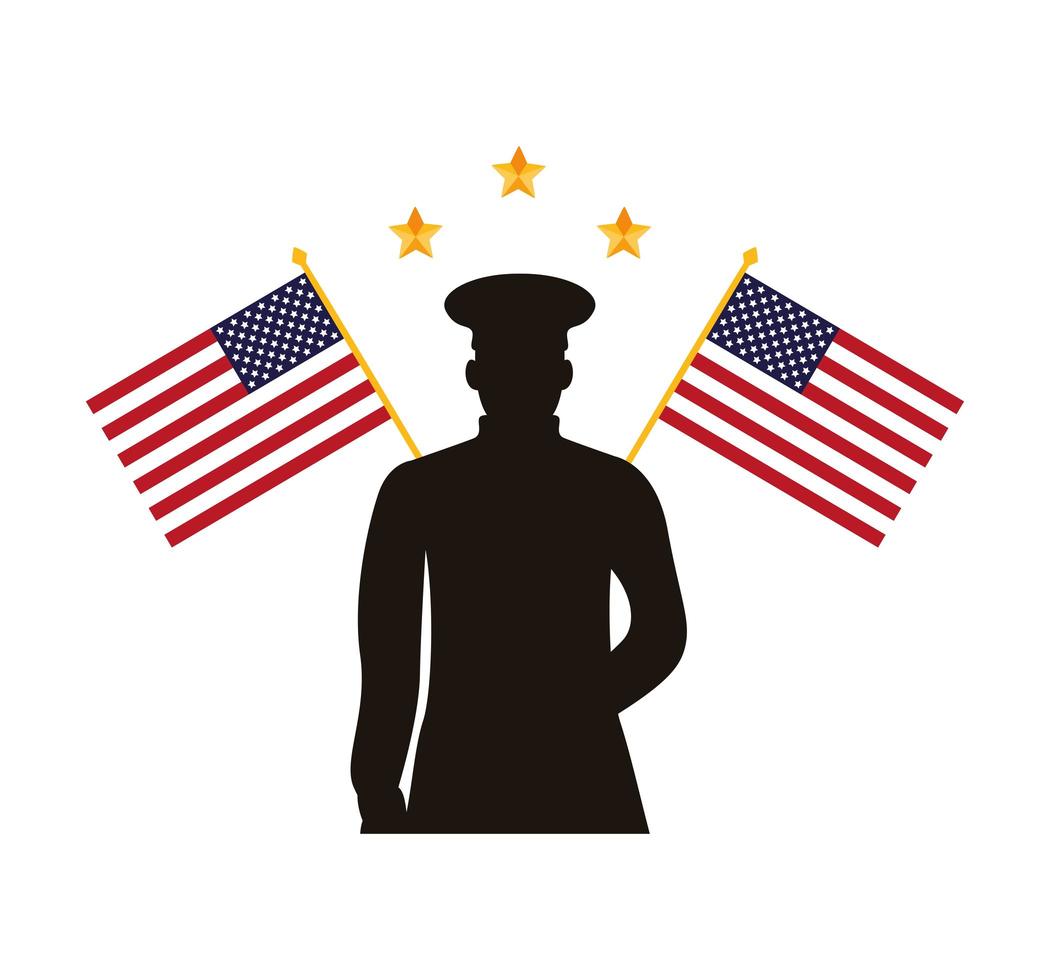 silhueta de oficial militar com bandeiras dos EUA vetor