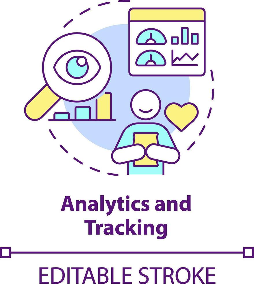 analytics e rastreamento conceito ícone. cliente noivado plataforma característica abstrato idéia fino linha ilustração. isolado esboço desenho. editável acidente vascular encefálico vetor