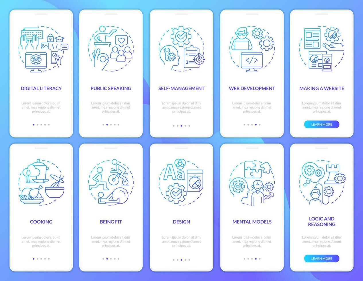 importante vida Habilidades azul gradiente onboarding Móvel aplicativo tela definir. Aprendendo passo a passo 5 passos gráfico instruções com linear conceitos. interface do usuário, ux, gui modelo vetor