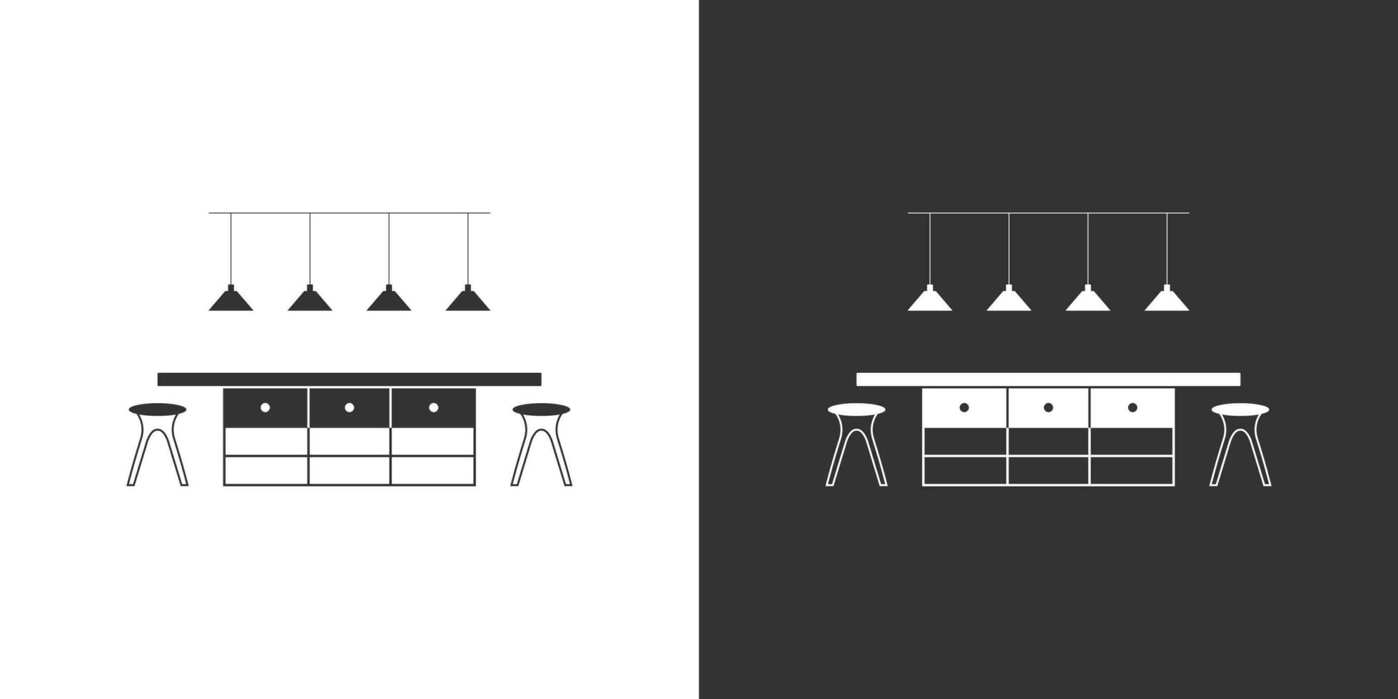 cozinha mobília ícone. isolado em Preto e branco fundo. interior vetor ícone com mesa, dois fezes e lâmpadas