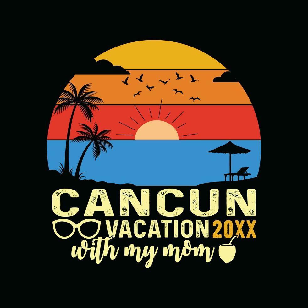 Cancun de praia retro camiseta, México de praia vintage retro pôr do sol camiseta projeto, família de praia férias, feriado verão período de férias camisa, Década de 1970 colorida retro camisa, horário de verão recordações juntos camisa vetor