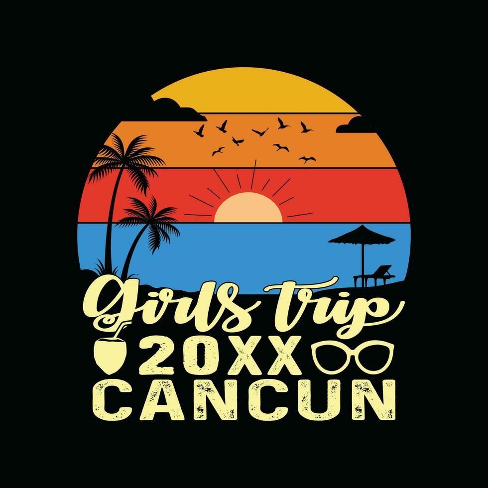 Cancun de praia retro camiseta, México de praia vintage retro pôr do sol camiseta projeto, família de praia férias, feriado verão período de férias camisa, Década de 1970 colorida retro camisa, horário de verão recordações juntos camisa vetor