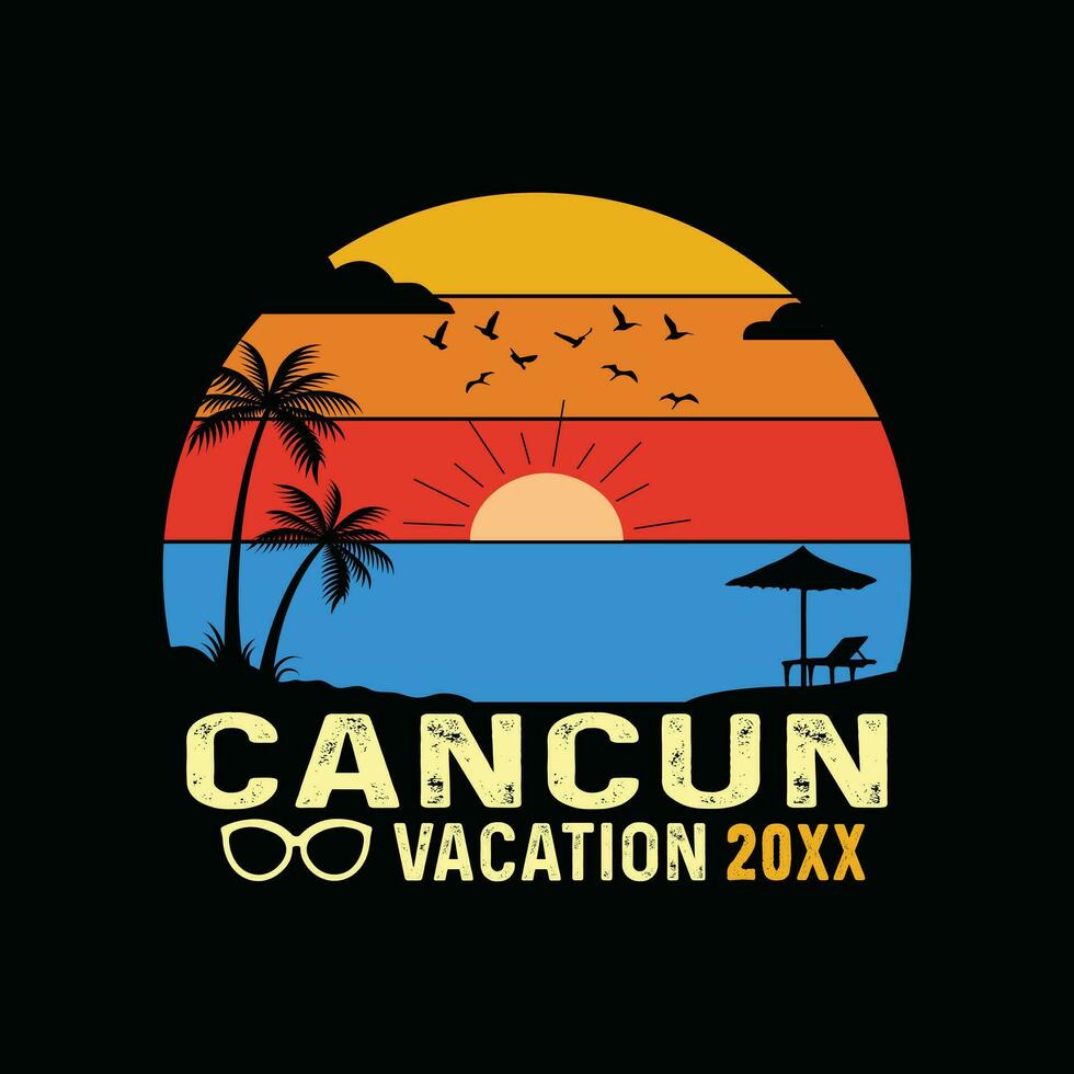 Cancun de praia retro camiseta, México de praia vintage retro pôr do sol camiseta projeto, família de praia férias, feriado verão período de férias camisa, Década de 1970 colorida retro camisa, horário de verão recordações juntos camisa vetor