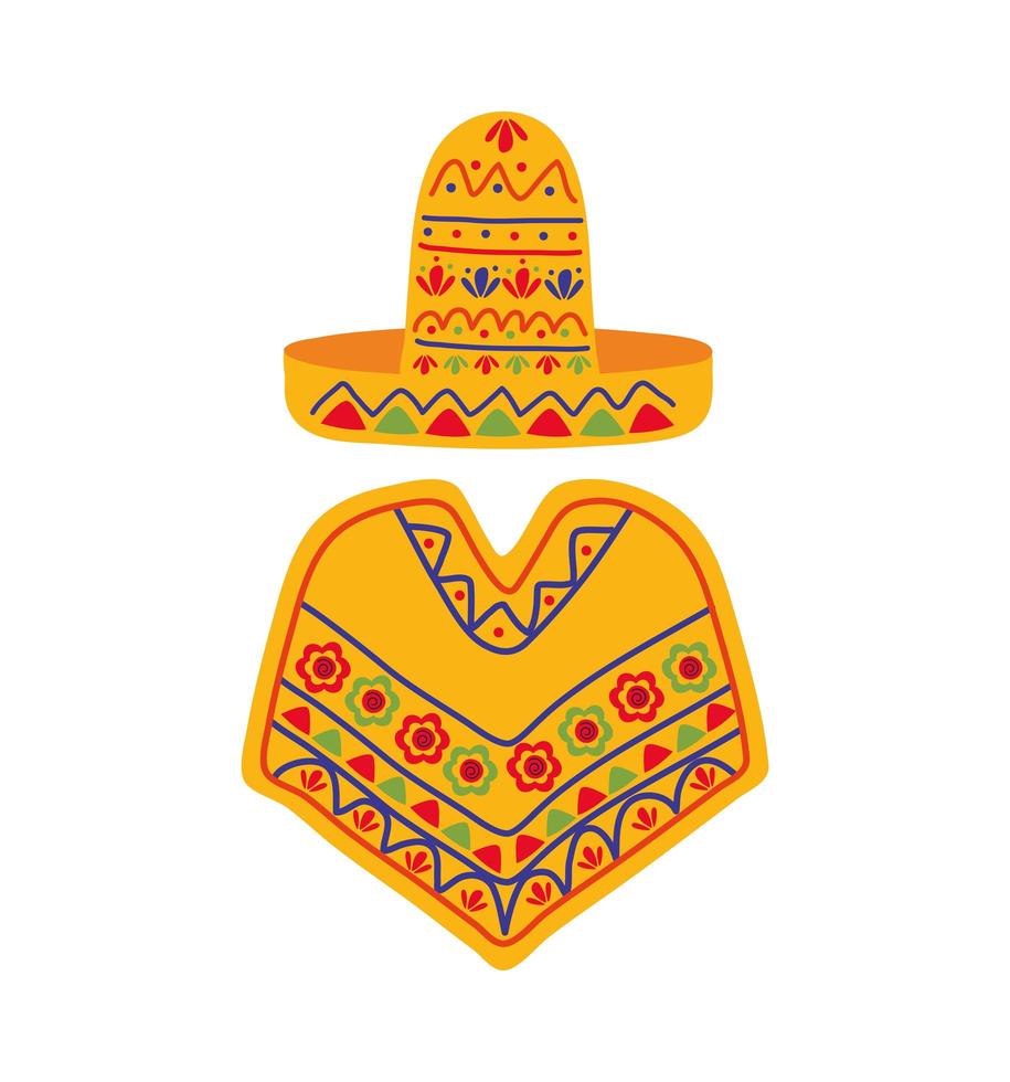 chapéu mexicano e ícone de cultura poncho isolado vetor