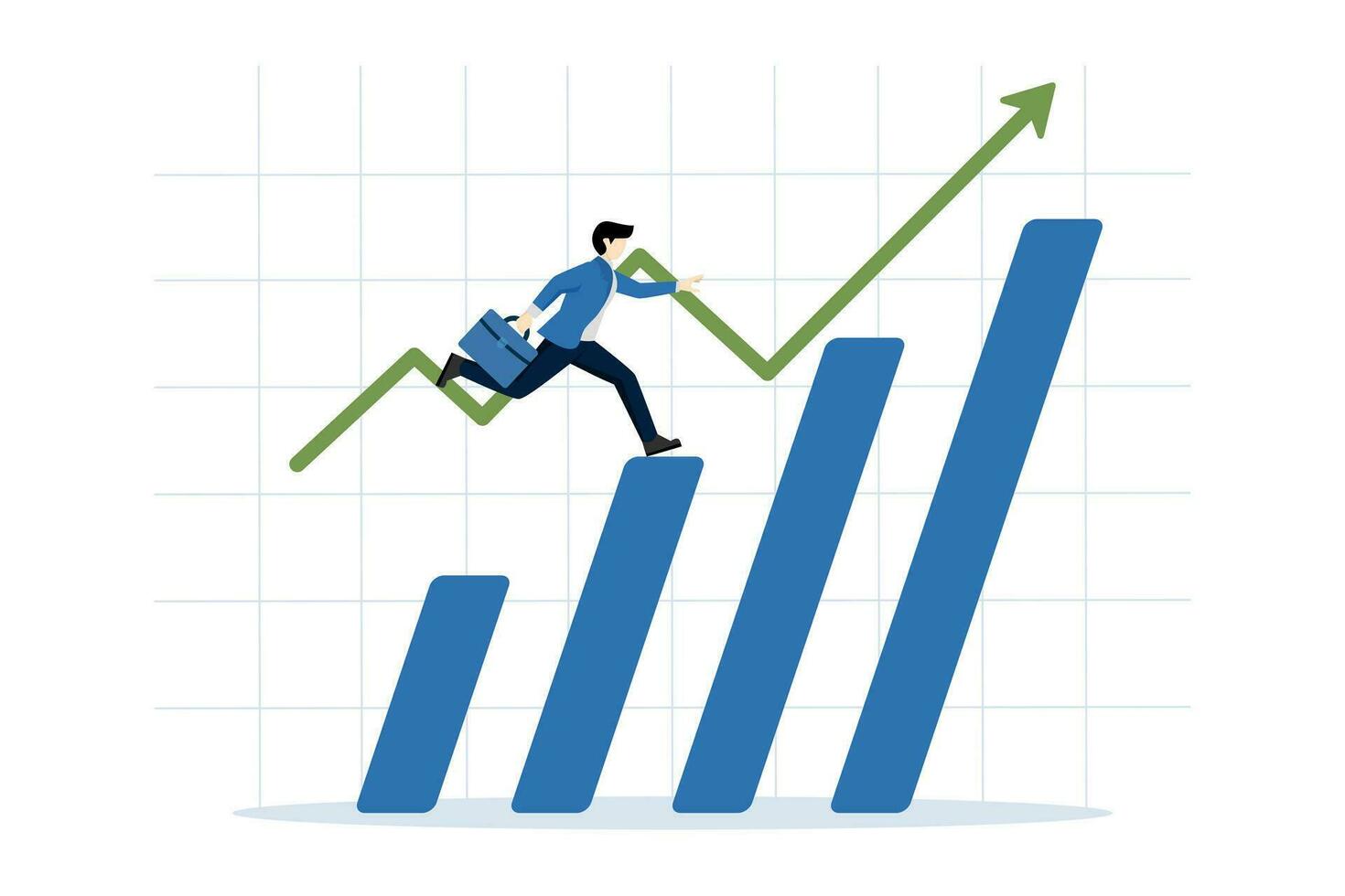 bem sucedido investidores, renda ganho, ganhar mais, crescimento gráfico, investimento estratégia, portfólio, financeiro gerenciamento. homem de negocios caminhando em Barra gráfico. plano vetor ilustração.