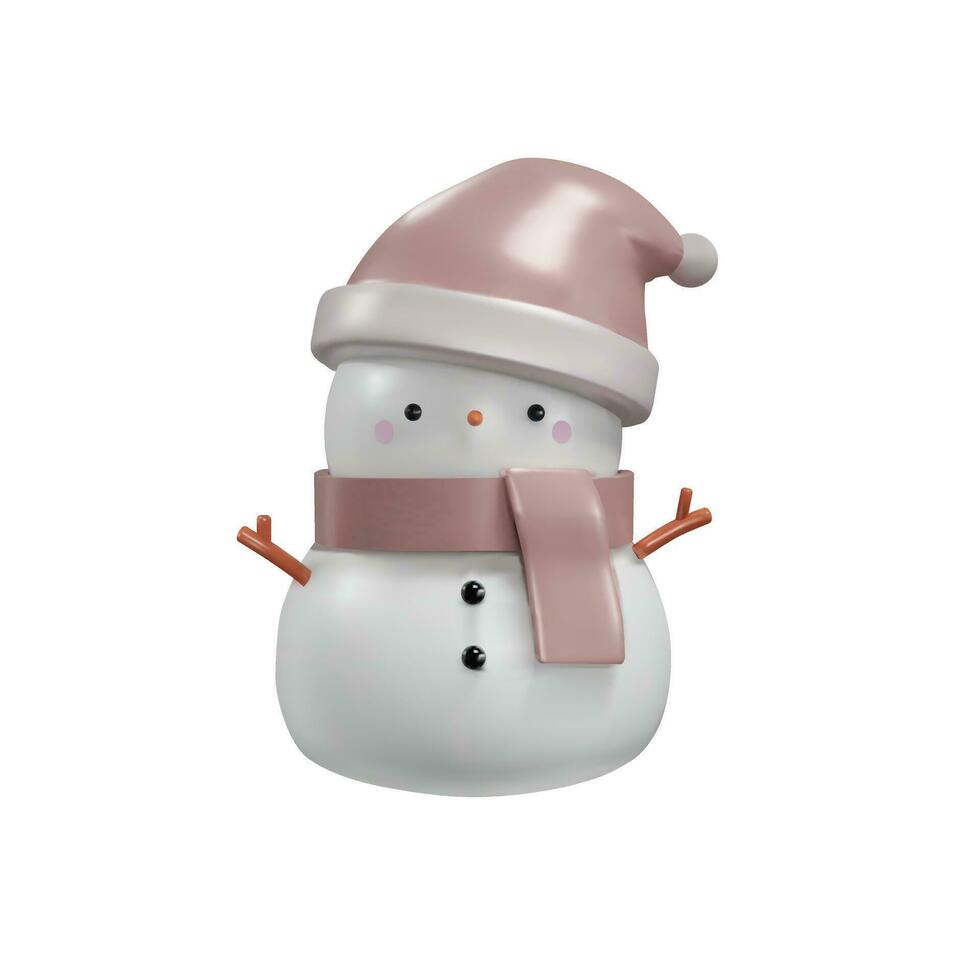 3d render Rosa ouro boneco de neve dentro santa chapéu. desenho animado Natal personagem dentro realista argila, plástico estilo. inverno vetor ilustração para Novo ano, feriados, anunciar, vendas.