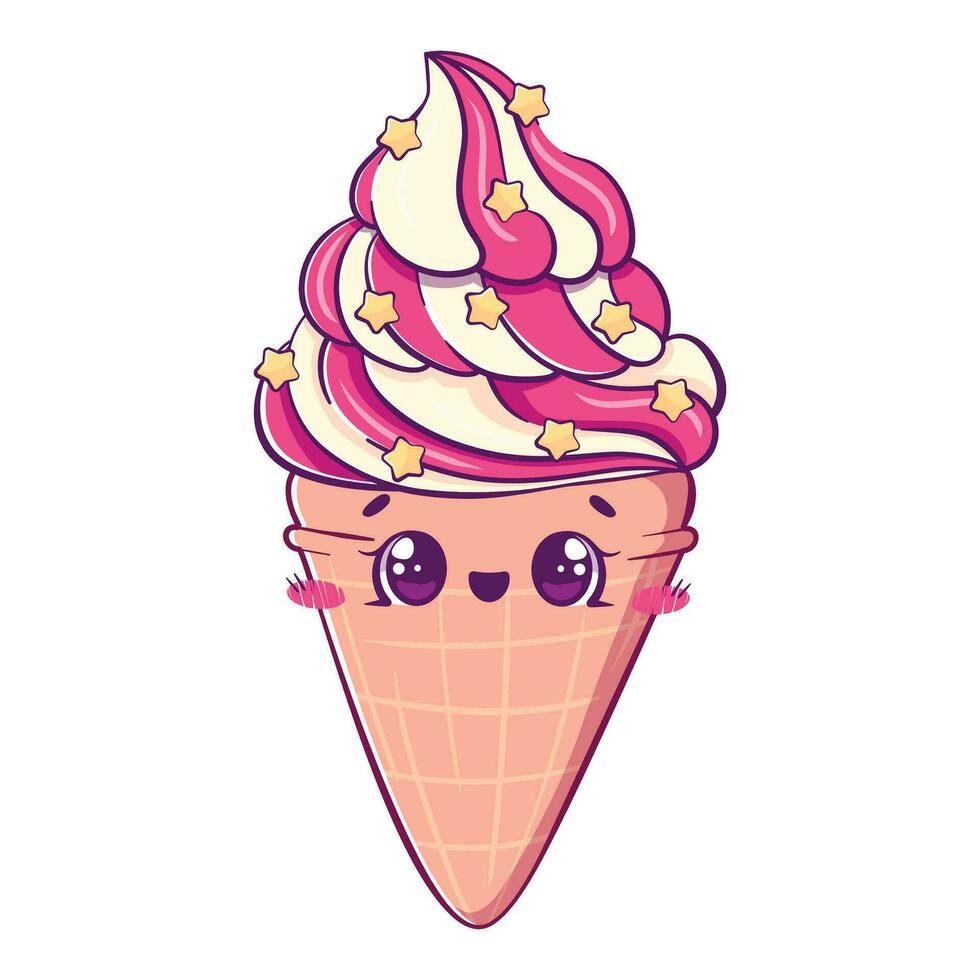 kawaii desenho animado rabisco baunilha morango gelo creme dentro waffle cone vetor