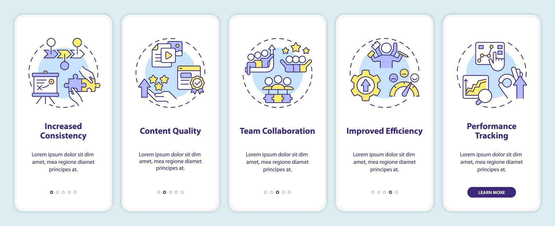 editorial calendário benefícios onboarding Móvel aplicativo tela. passo a passo 5 passos editável gráfico instruções com linear conceitos. interface do usuário, ux, gui modelo vetor