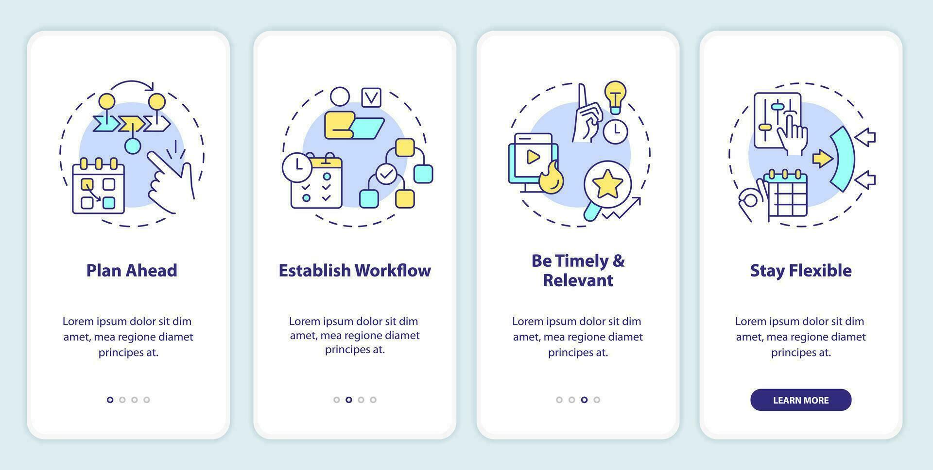 social meios de comunicação calendário dicas onboarding Móvel aplicativo tela. passo a passo 4 passos editável gráfico instruções com linear conceitos. interface do usuário, ux, gui modelo vetor