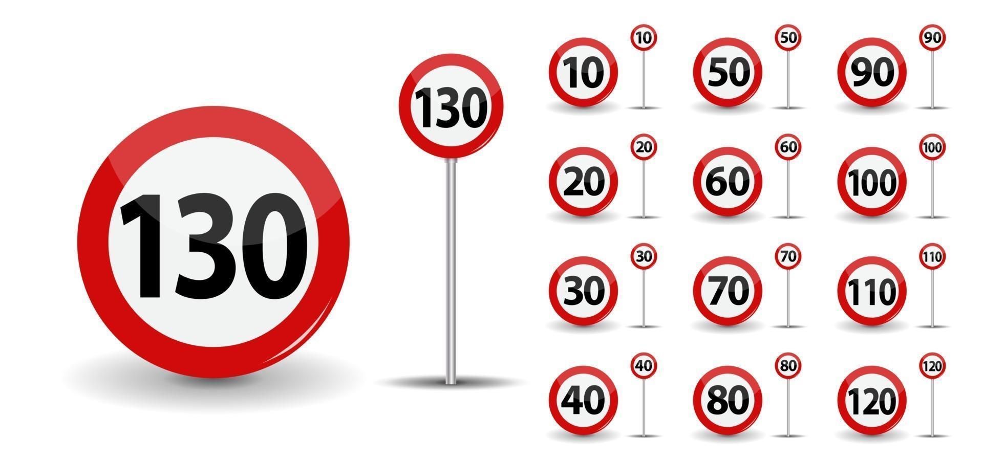 estrada vermelha redonda, sinal de limite de velocidade de 10 a 130 quilômetros por hora vetor