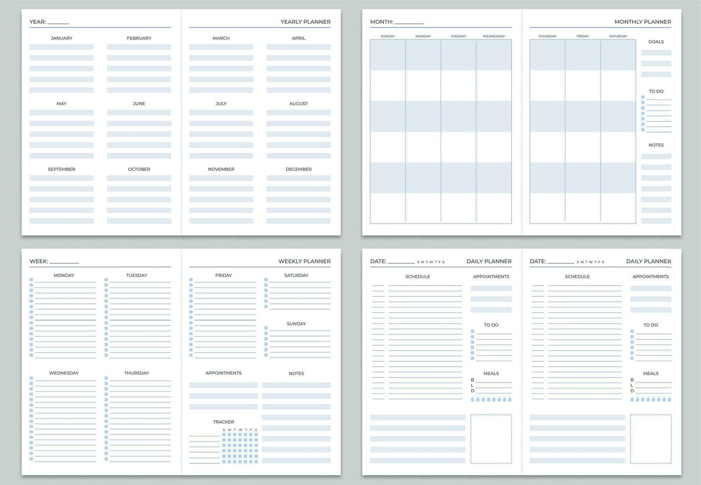 planejador Nota Páginas modelos. anual, por mês e semanal planejadores. diariamente tarefas, metas e compromissos modelo vetor conjunto