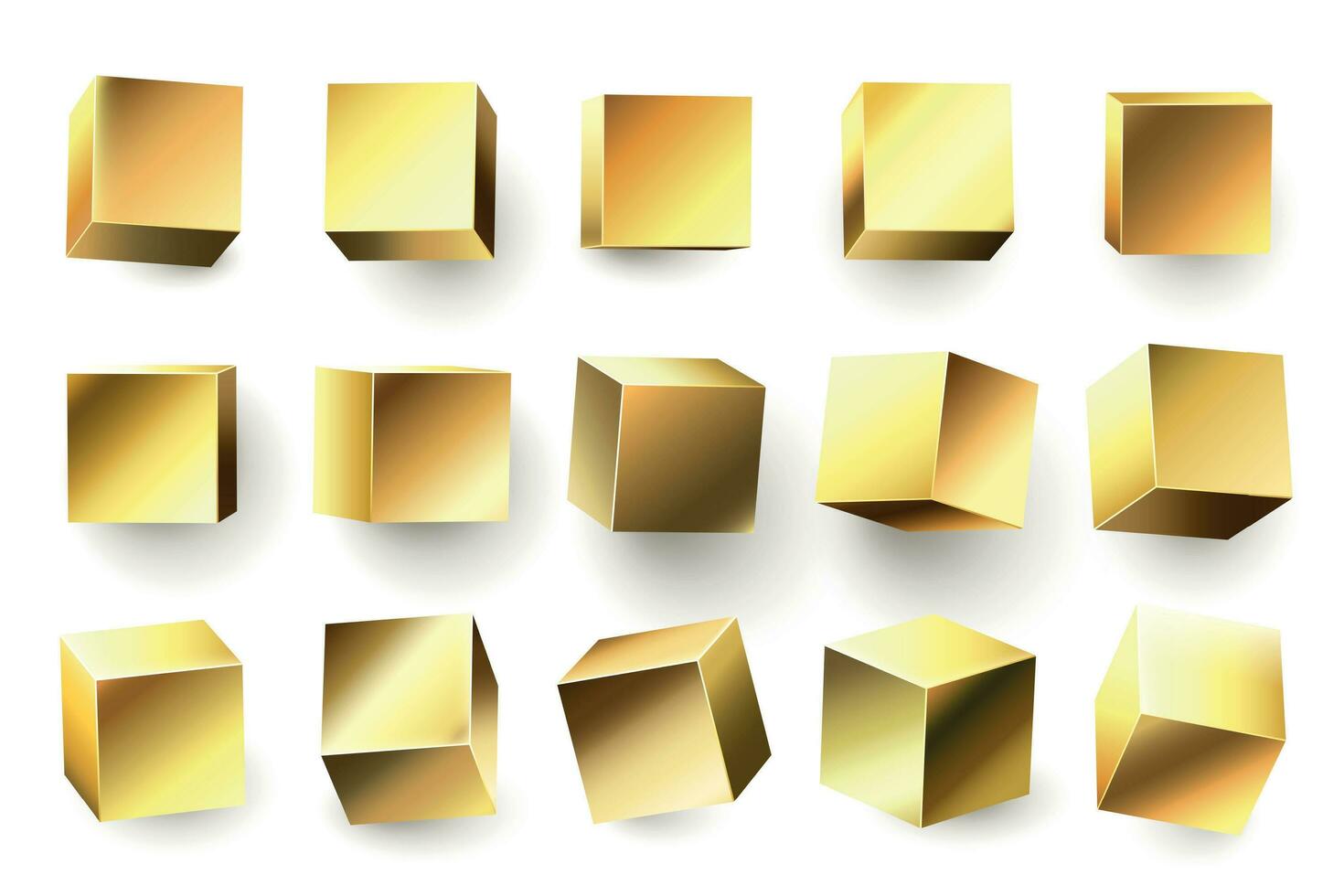 ouro metal cubo. realista geométrico 3d quadrado forma, dourado metálico cubos e brilhante amarelo formas vetor ilustração conjunto