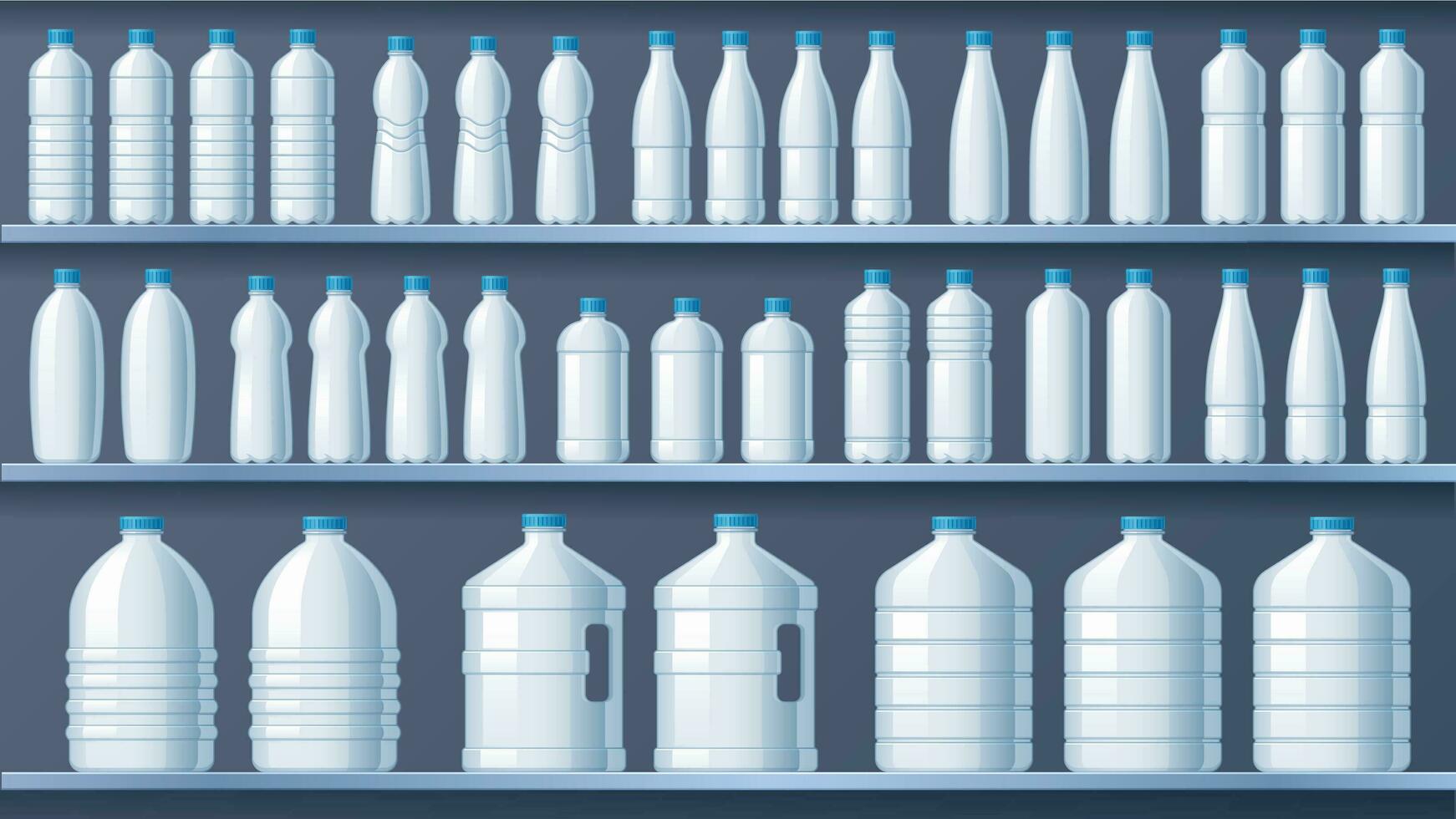 plástico garrafas em prateleiras. engarrafado destilado água prateleira, líquido bebidas e puro mineral água loja vetor ilustração