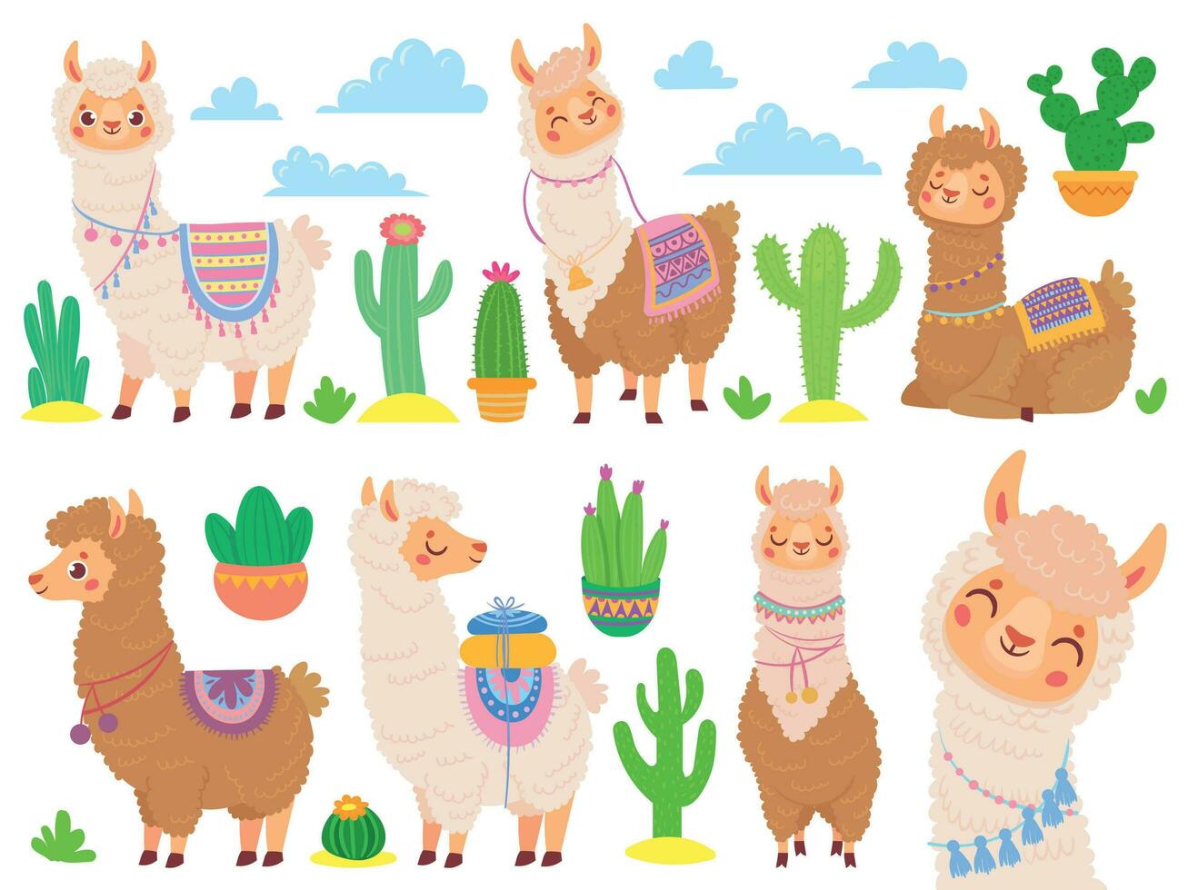 desenho animado mexicano alpaca. engraçado lhamas, desenho animado fofa animal e lhama com deserto cacto vetor conjunto