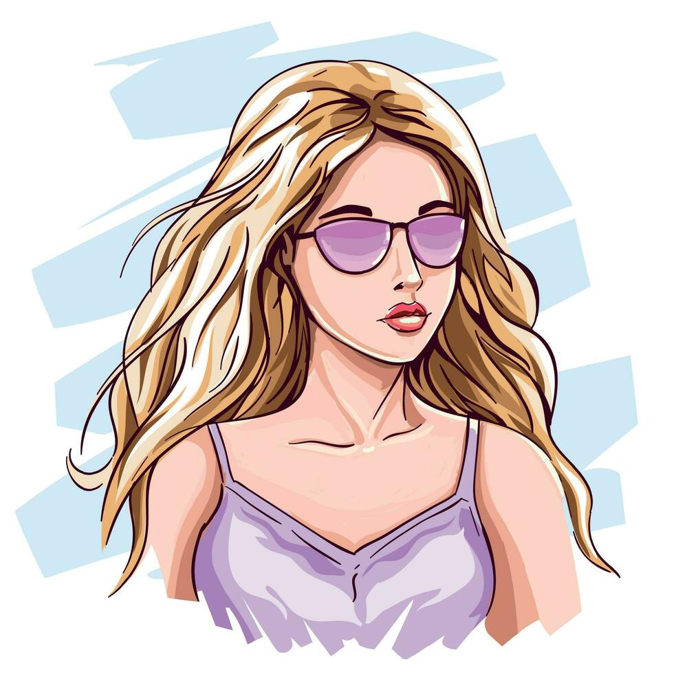 mão desenhado jovem Loiras garota. lindo mulher dentro Rosa moda oculos de sol com grandes loiro cabelo esboço vetor ilustração