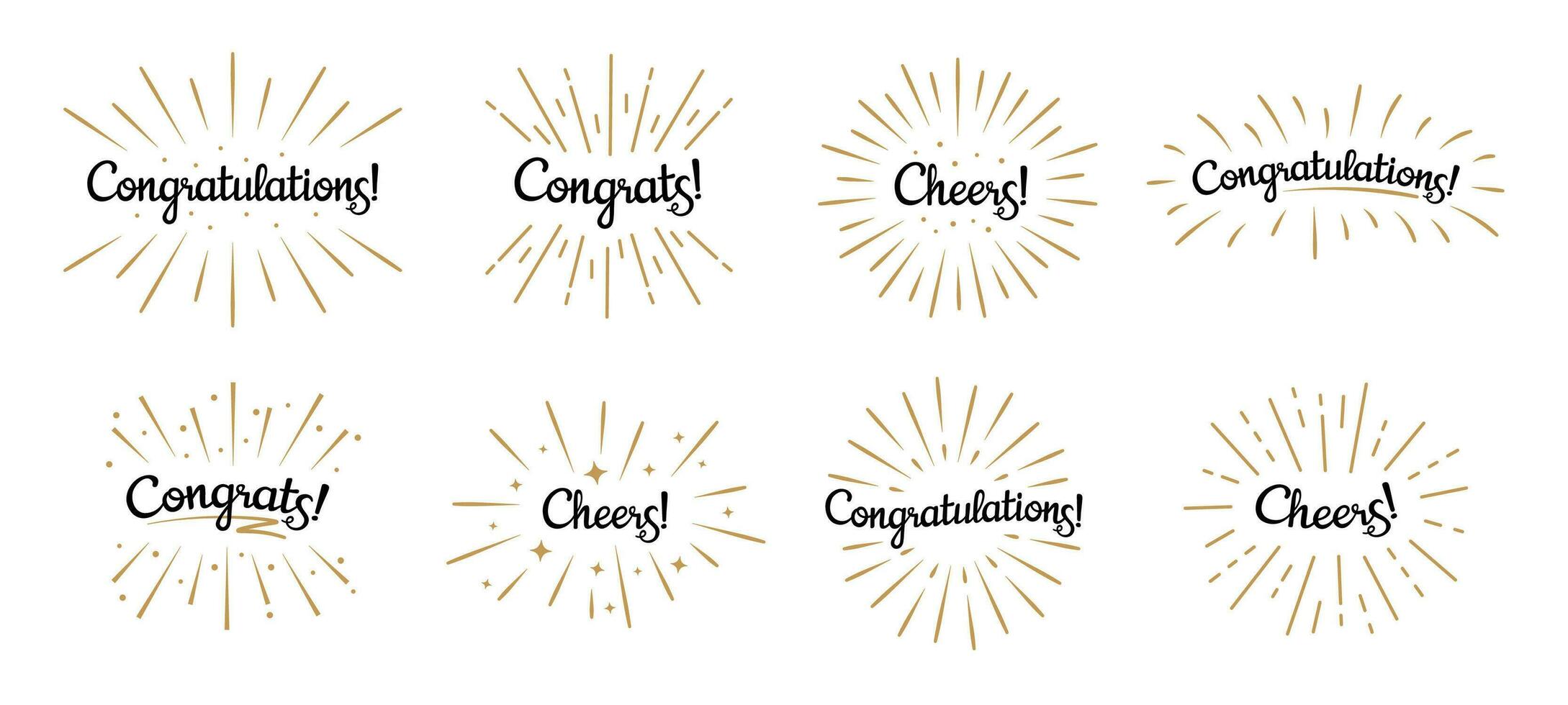 Parabéns rotulação. Parabéns rótulo, Felicidades celebração e parabéns texto Distintivos com dourado rebentar vetor conjunto