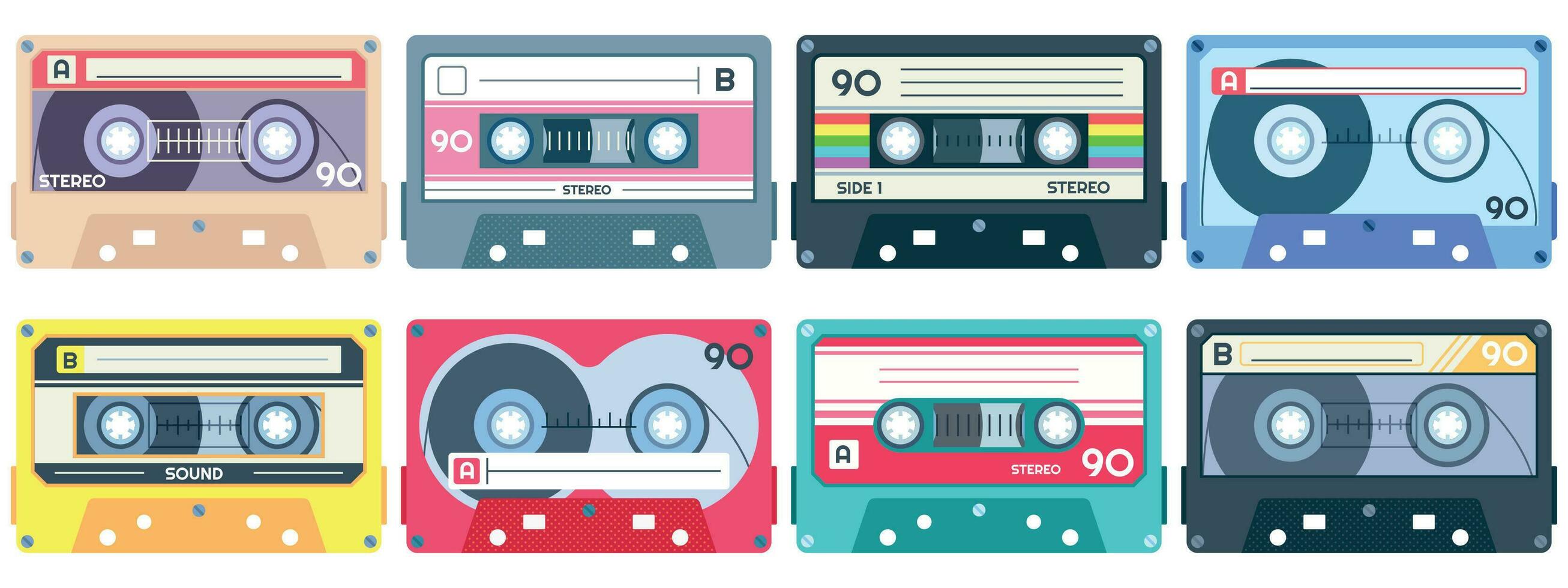 vintage fita cassete. retro mixtape, Década de 1980 pop canções fitas e estéreo música cassetes vetor conjunto