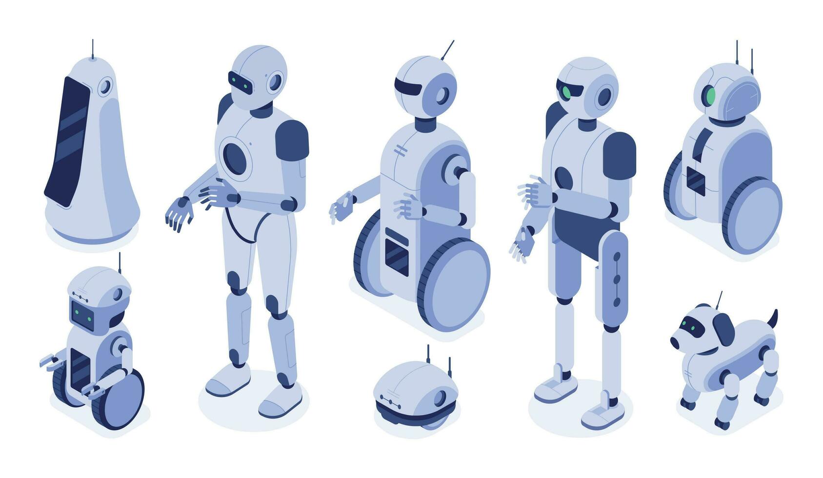 isométrico robôs. digital robótico máquinas, futurista andróide desenvolvimento e 3d robô personagem vetor ilustração conjunto