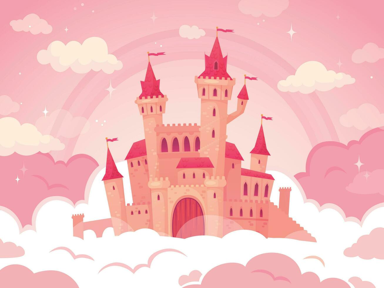 desenho animado castelo dentro Rosa nuvens. Magia terra, conto de fadas nuvem e fabuloso céu. fada castelo para pequeno Princesa vetor ilustração