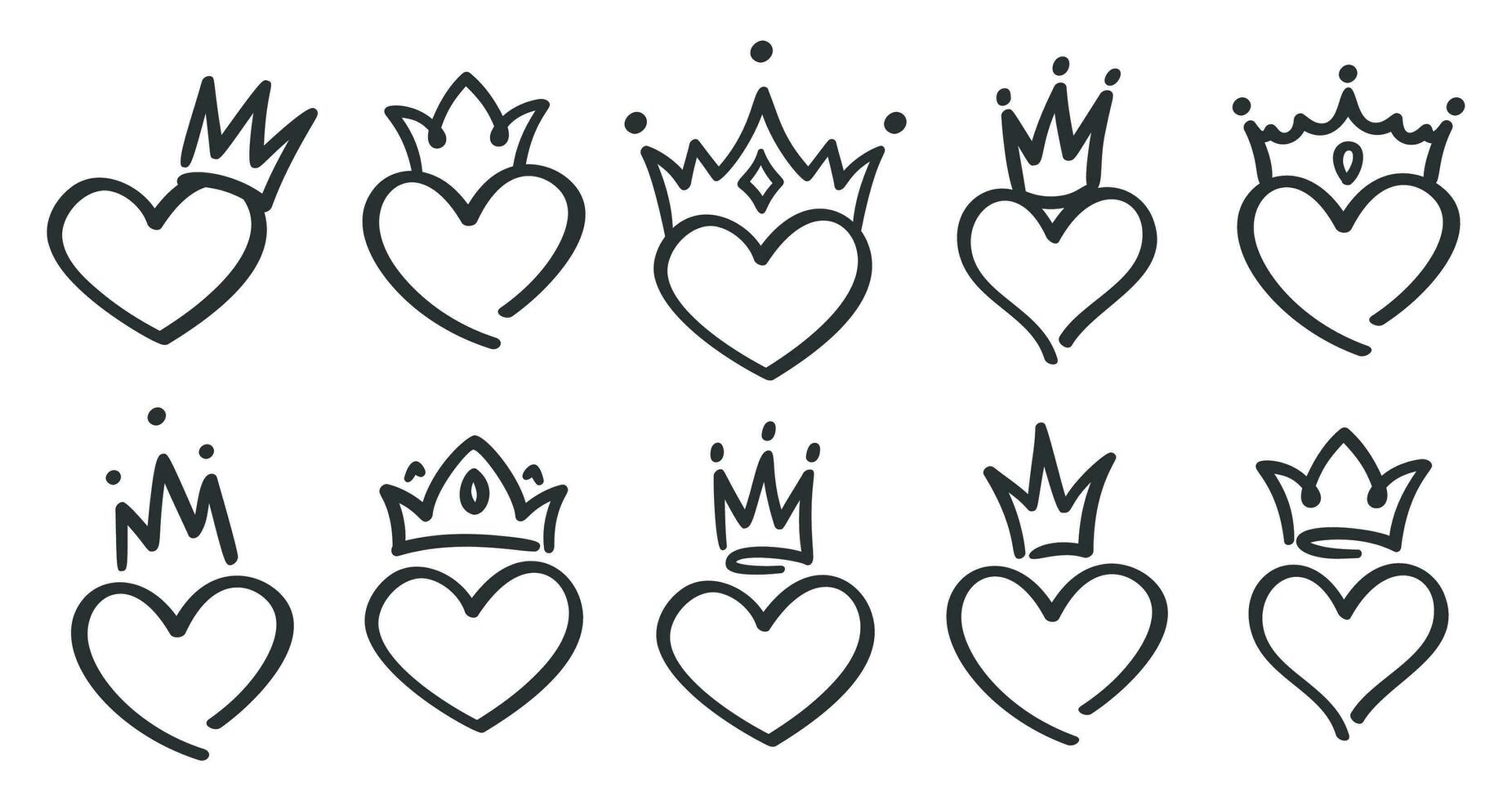 mão desenhado coroado corações rabisco princesa, rei e rainha coroa em coração, esboço amor coroas vetor ilustração conjunto