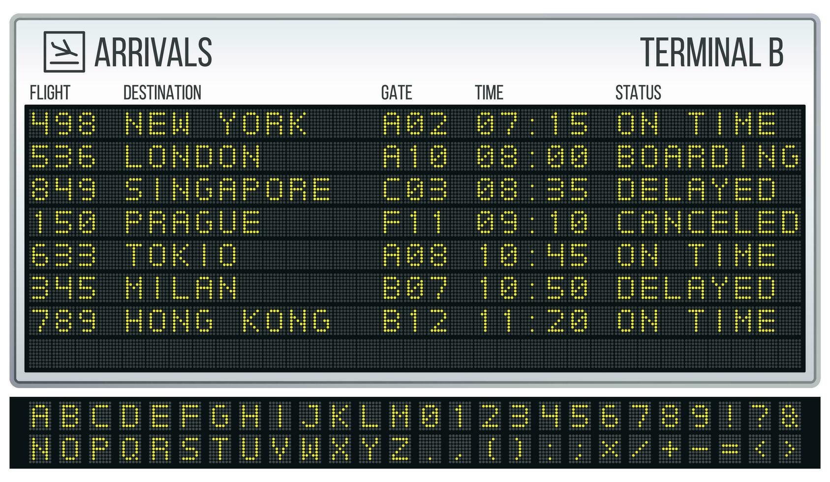 aeroporto placar. digital conduziu borda Fonte, Chegadas e Partidas sinais realista vetor ilustração