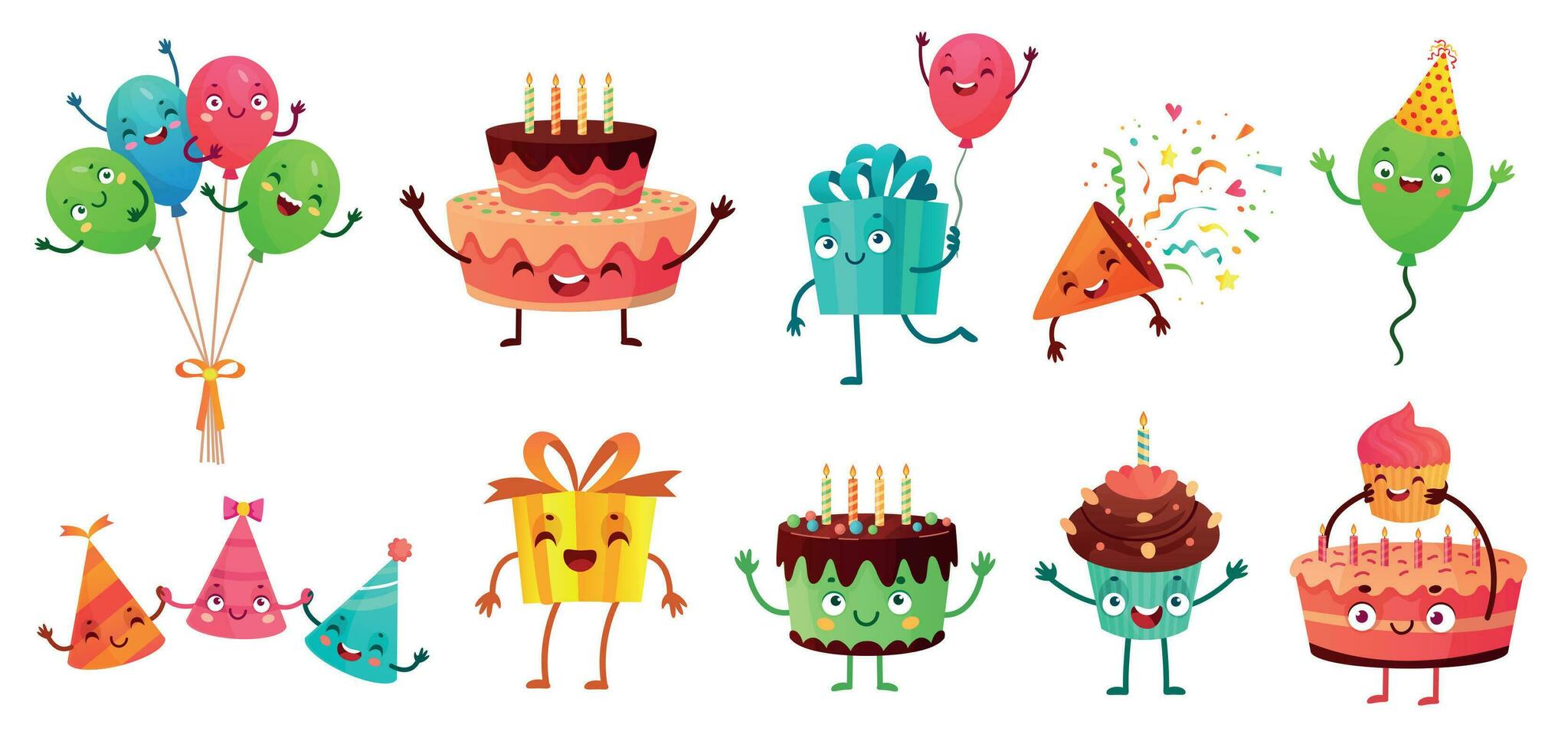 desenho animado aniversário celebração definir. festa balões com engraçado rostos, feliz aniversário bolo e presentes mascote vetor ilustração conjunto
