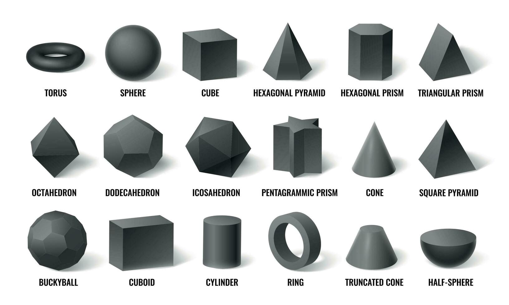 realista 3d básico formas. esfera forma com sombra, cubo geometria e prisma modelo dentro perspectiva conceito vetor ilustração conjunto