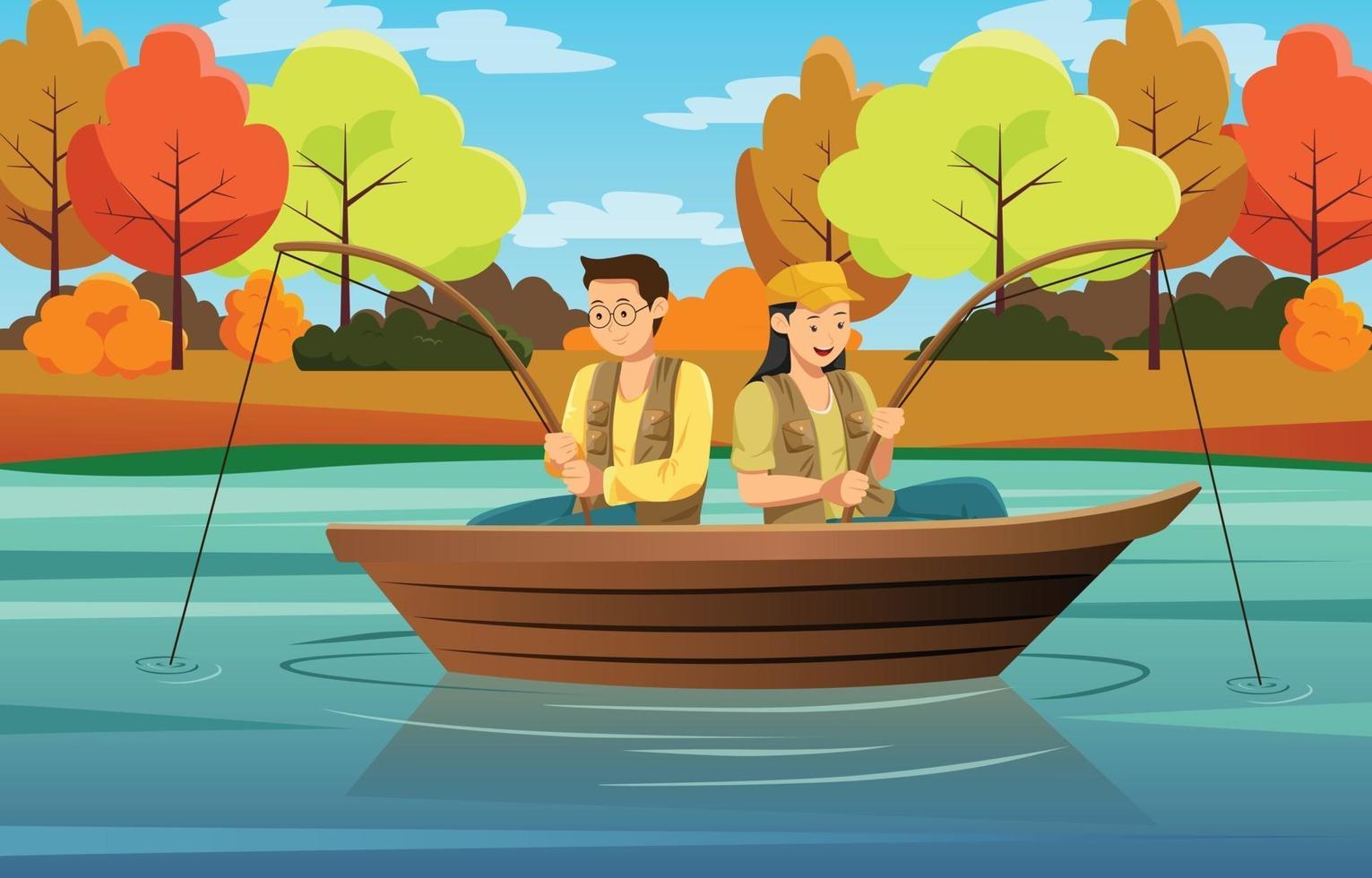 casal pescando juntos em um lago vetor