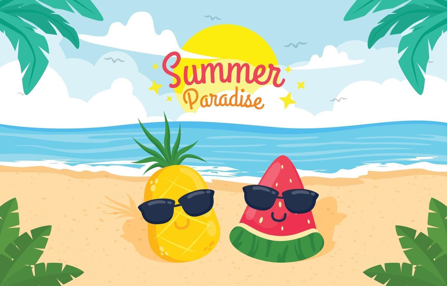 personagem fofinho de abacaxi e melancia na praia de verão vetor