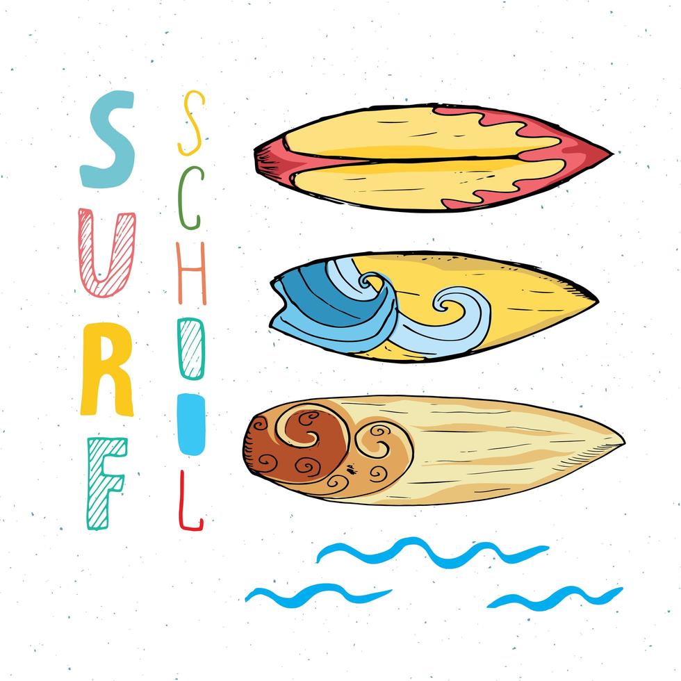 pranchas de surf esboço desenhado à mão tshirt imprimir design escola de surf tipografia verão vintage retro distintivo modelo ilustração vetorial vetor