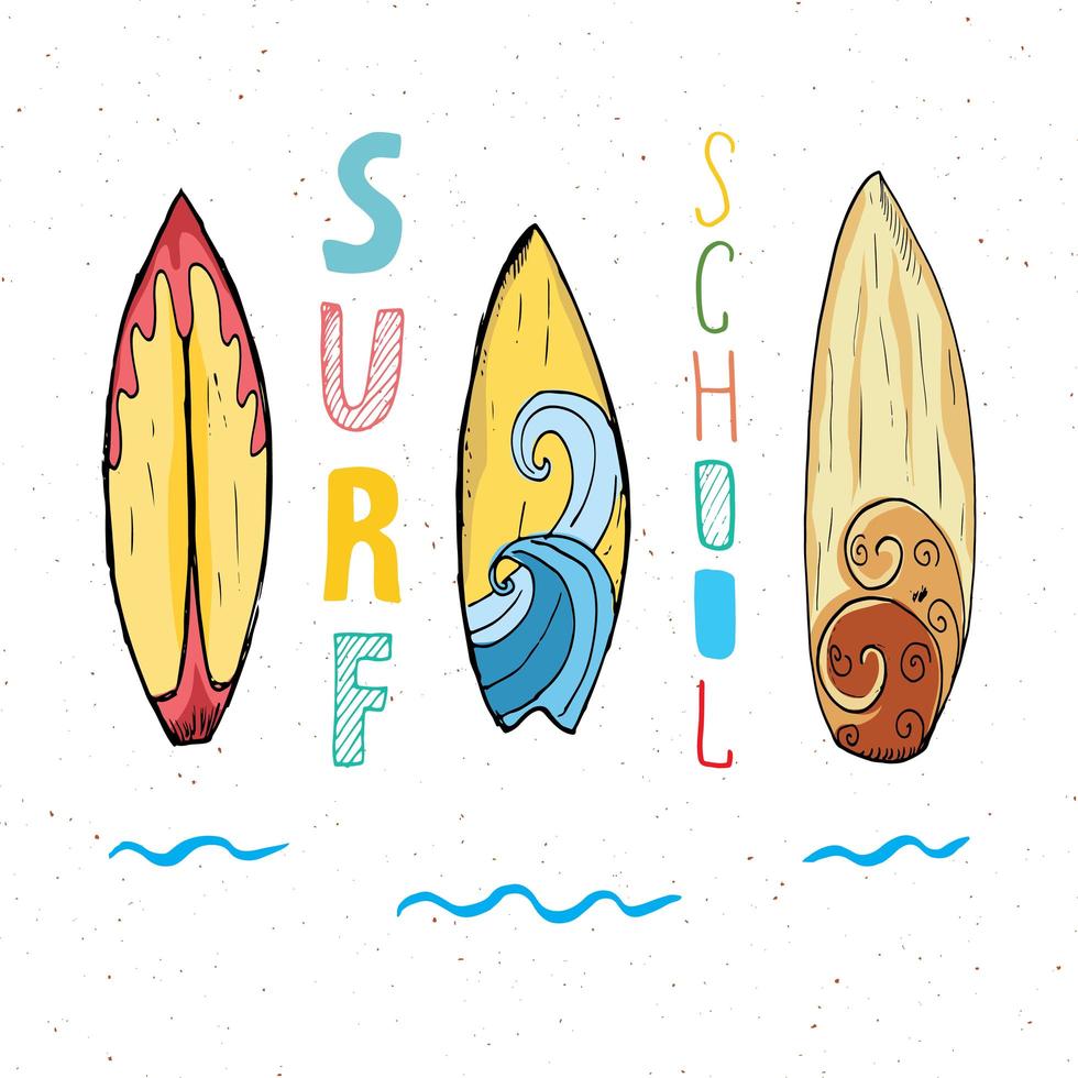 pranchas de surf esboço desenhado à mão tshirt imprimir design escola de surf tipografia verão vintage retro distintivo modelo ilustração vetorial vetor