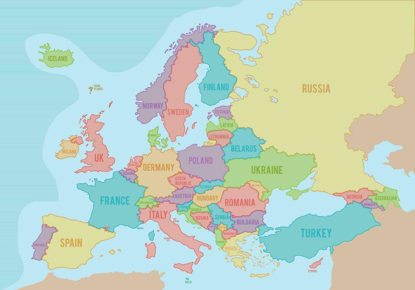 político mapa do Europa com cores e fronteiras para cada país e nomes dentro inglês. vetor ilustração.