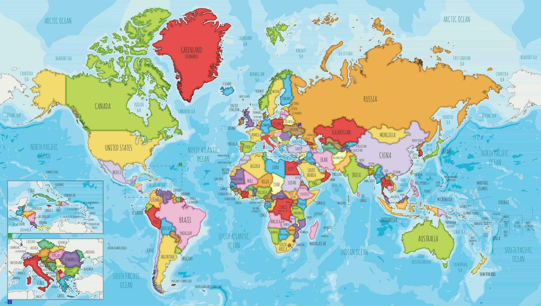 altamente detalhado mundo mapa vetor ilustração com diferente cores para cada país. editável e claramente etiquetado camadas.