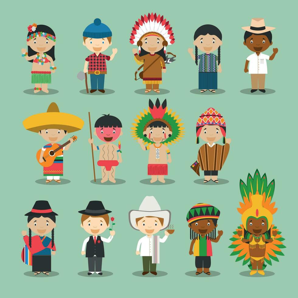 crianças e nacionalidades do a mundo vetor ilustração. América conjunto 4. conjunto do 14 personagens vestido dentro diferente nacional figurinos.