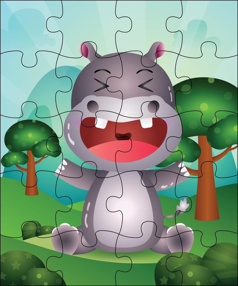 ilustração de jogo de quebra-cabeça para crianças com hipopótamo fofo vetor